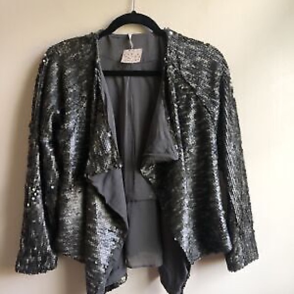 Free People Sequin Open Front Waterfall Jacket in Silver – Size Small - Picture 4 of 12